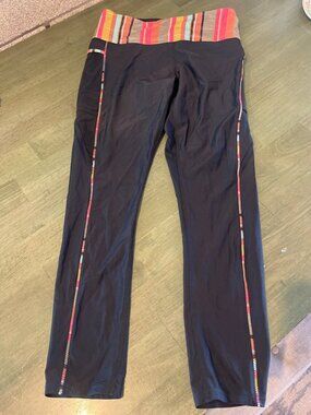 Prana Black Activewear Leggings With Colorful Trim & Striped Waistband Size L